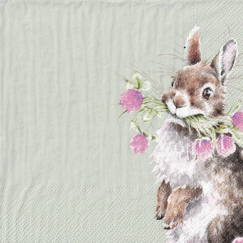 Serviette papier petit lapin et bouquet de trèfles