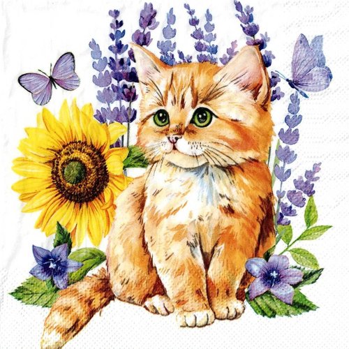 Serviette papier petit chat et chien dans les fleurs