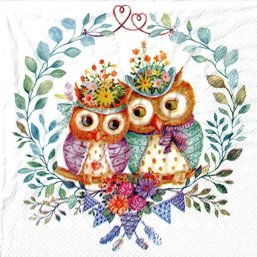 Serviette papier couple de chouettes couronne de fleurs