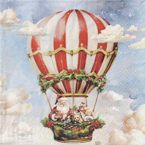 Serviette papier père noel en mongolfière