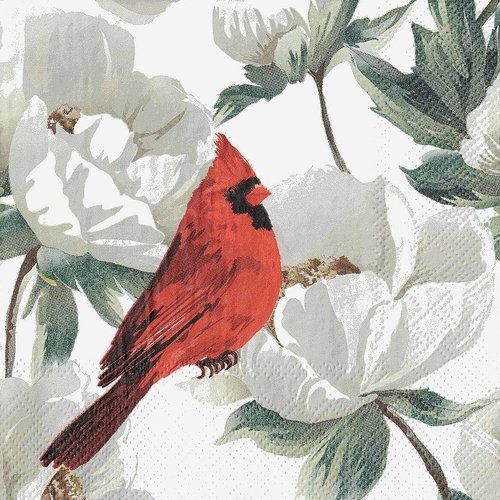 Petite serviette 25x25 cardinal dans fleurs blanches