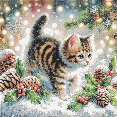Serviette papier petit chat dans la neige