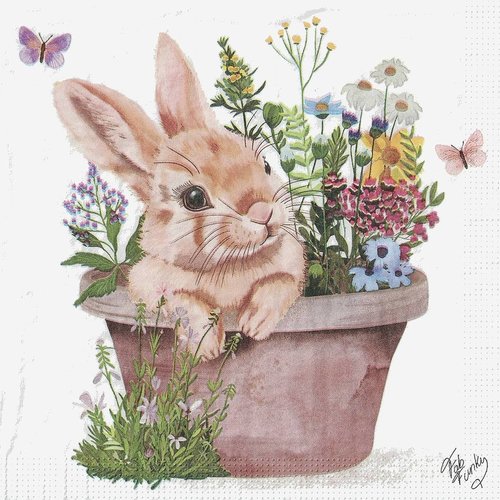 Serviette papier lapin et pot de fleurs