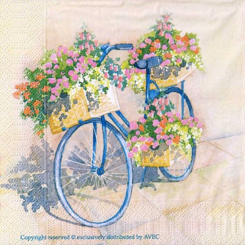 Serviette papier oiseau vélo fleuri et puit