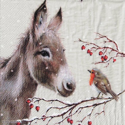 Serviette papier petit âne et le rouge-gorge
