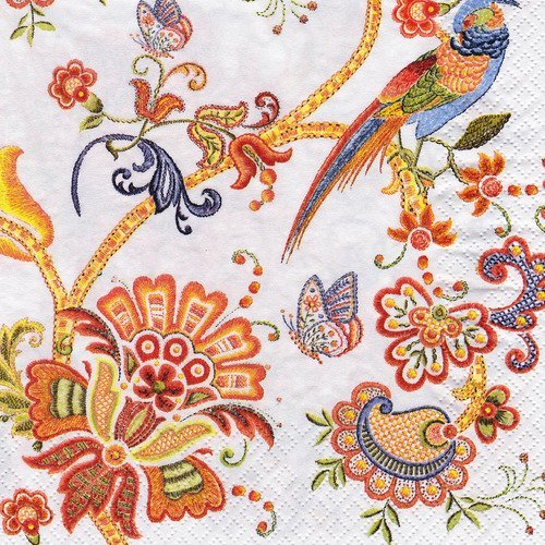 Serviette perroquet et fleurs style broderie haute couture