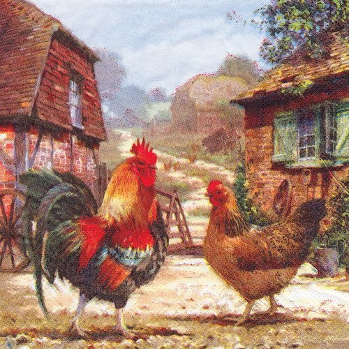Serviette coq et poule à la ferme