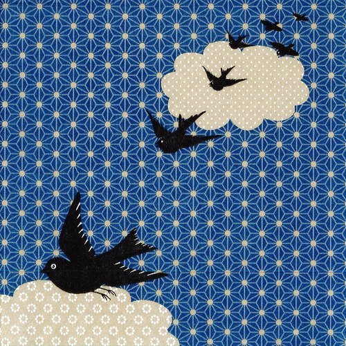 Serviette envol d'oiseau sur nuage beige et ciel bleu style tissus