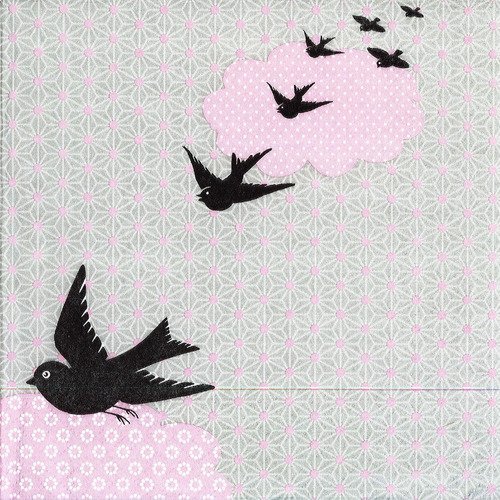 Serviette envol d'oiseau sur nuage rose et ciel gris clair style tissus