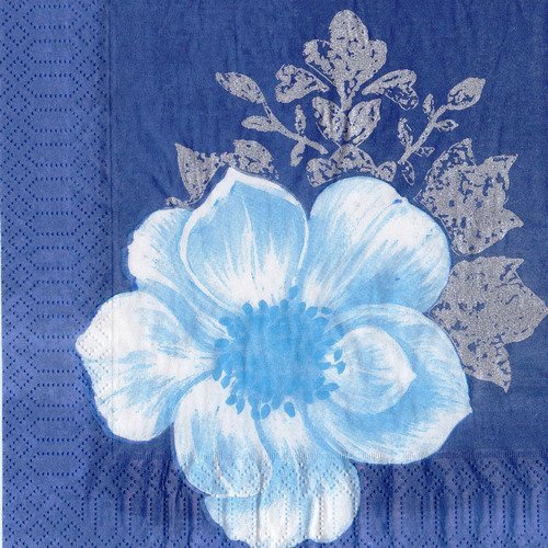 Serviette fleur aquarelle bleue feuille argentée