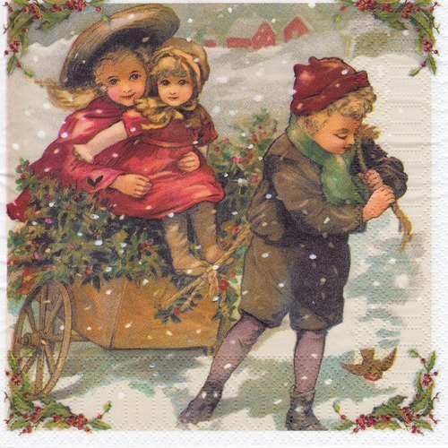 Serviette rétro noël les enfants dans la neige