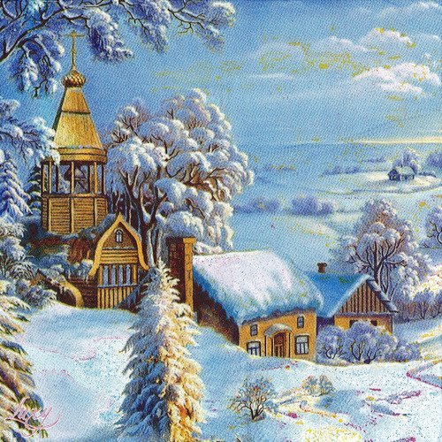 Serviette village neige et sapin en russie
