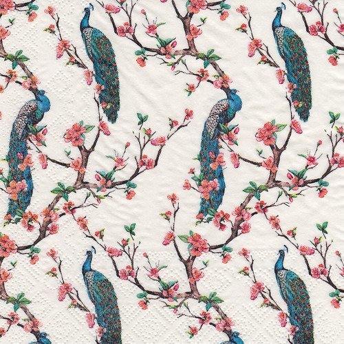 Serviette petit oiseau paon dans les fleurs de cerisiers