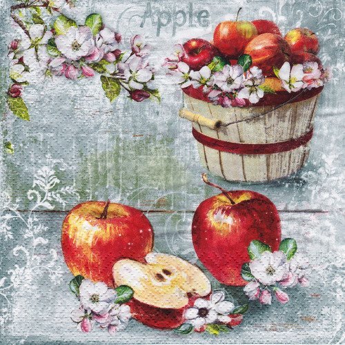 Serviette seau de pommes et fleurs de pommiers apple