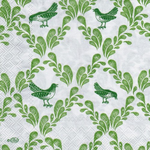 Serviette style tissus oiseau et losange feuille verte sur fond ecru