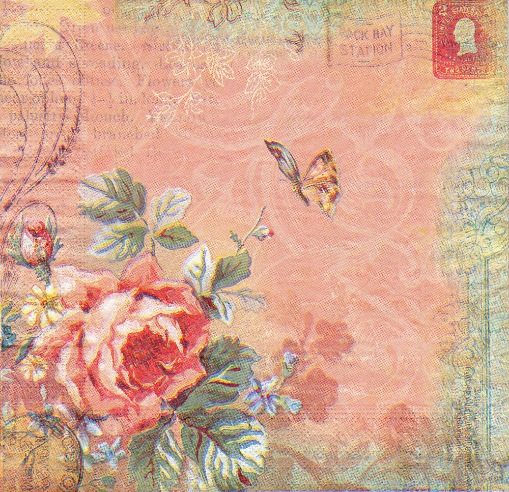 Serviette Carte Postale Rose Papillon Romantique Un Grand Marche