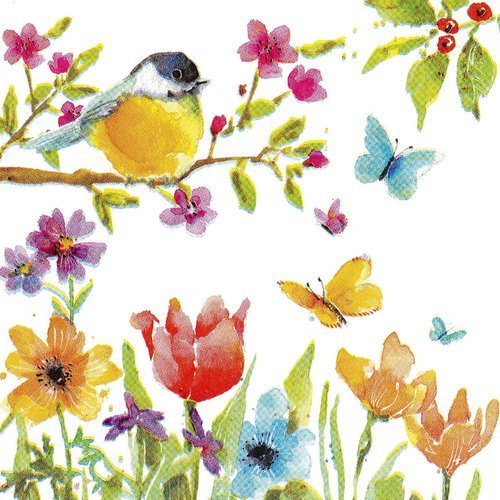 Serviette oiseau mésange bleue et papillon dans les fleurs