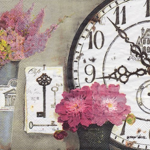 Serviette les cles du temps passe bouquet pivoine et lilas