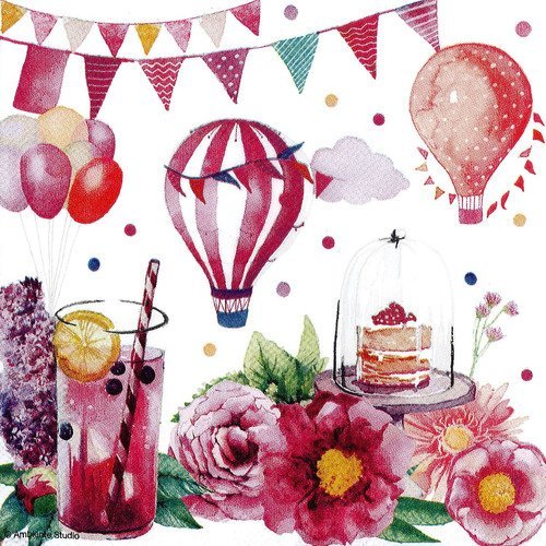 Serviette ambience party gouter anniversaire fleur rose ballon
