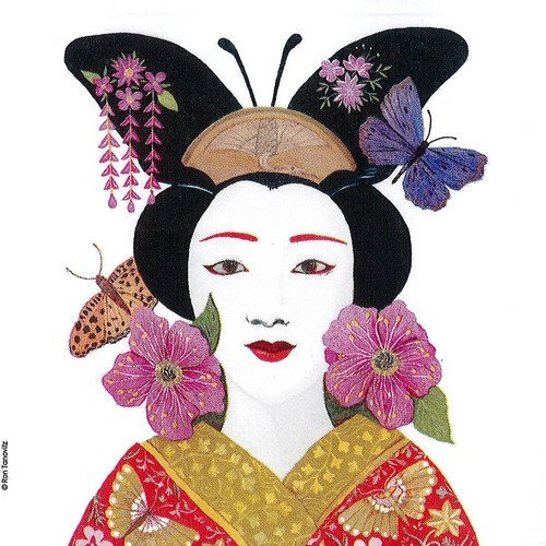 Petite serviette 25x25 jeune geisha fleur et papillon japon