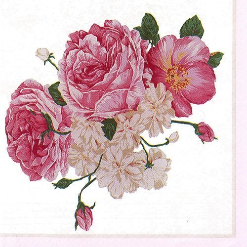 Serviette bouquet de roses et eglantines fond de toile de jouy