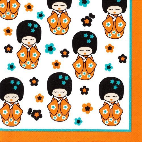 Serviette petite poupée japonaise bordure orange