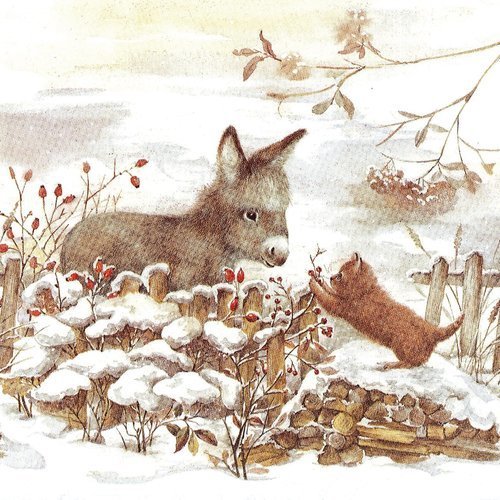 Serviette petit chat et petit ane jouant dans la neige