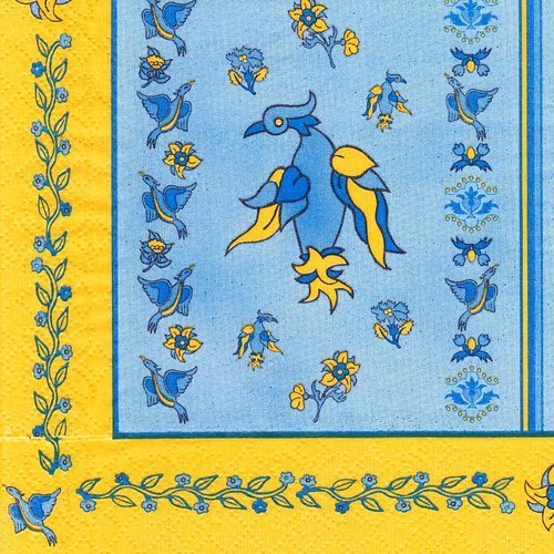 Serviette oiseau phoenix bordure jaune guirlande de fleur bleue