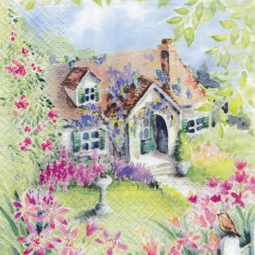 Serviette cottage anglais champêtre au milieu des fleurs 