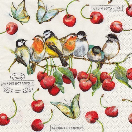 Serviette réunion d'oiseau rouge gorge mésange dans les cerises