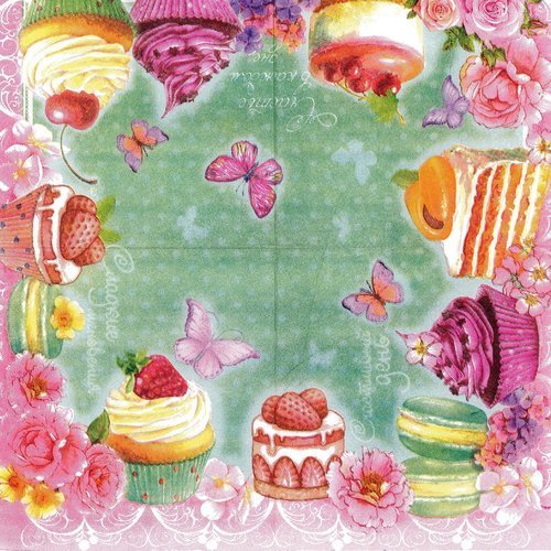Serviette la ronde des desserts macaron muffin cheesecake rose et papillon
