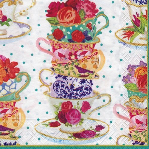 Serviette tasse de thé porcelaine fleurie avec oiseau et papillon raffinée 