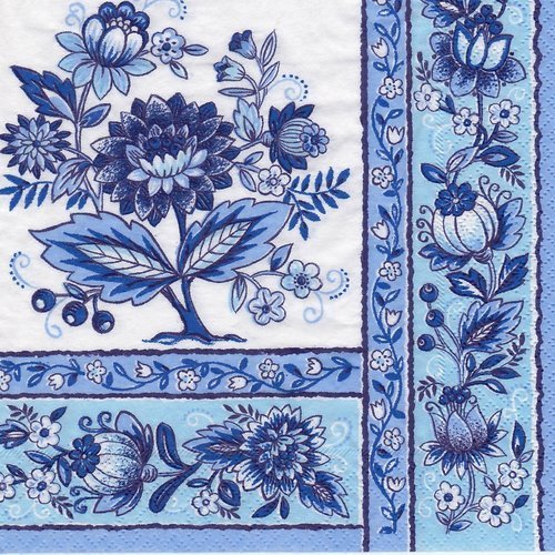 Serviette bouquet de fleurs bleues style mosaique ancienne delfe