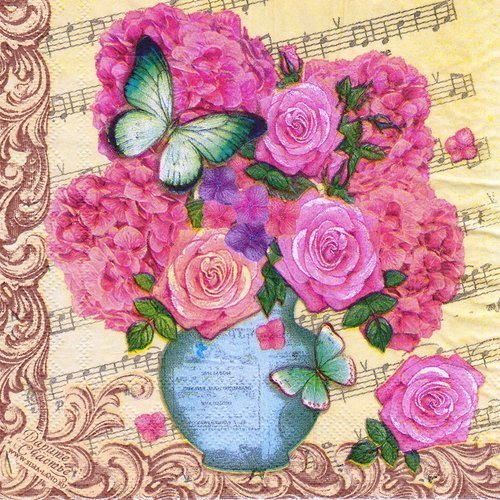 Serviette vase bouquet de roses et hortensia notes de musique 