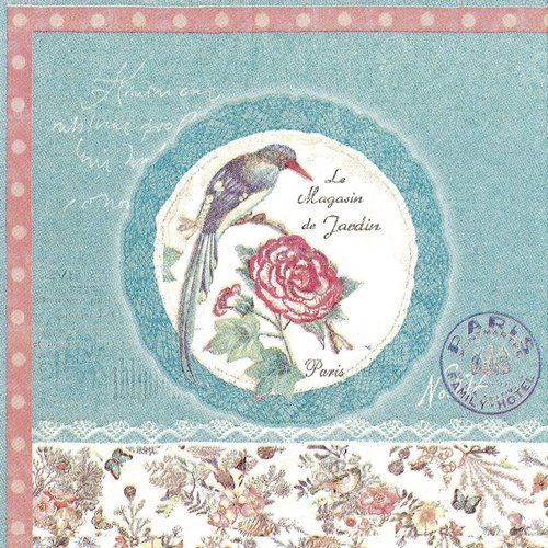 Serviette cadre oiseau shabby chic rose paris bordure petites fleurs et oiseaux