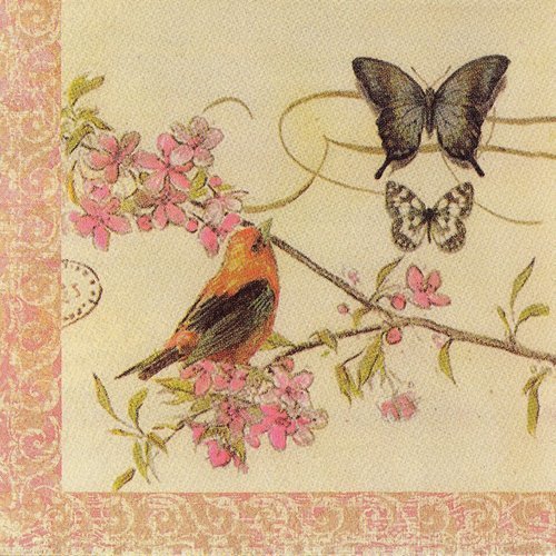 Serviette oiseau couleur de printemps sur branche fleurie mésange moineau rouge gorge