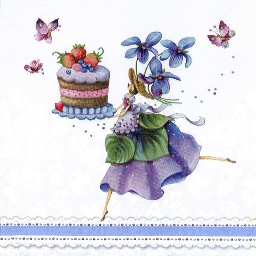 Serviette la fée gâteau violet crème et chantilly violette et papillon