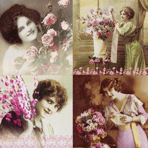 Serviette petite vignette femme rétro au bouquet de fleur et rose