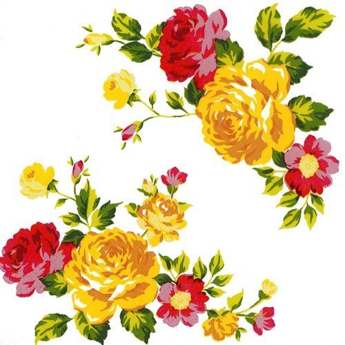 Serviette bordure de rose et eglantine jaune et rouge