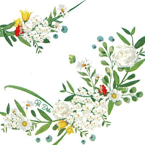 Serviette petit bouquet myosotis et pivoine blanche