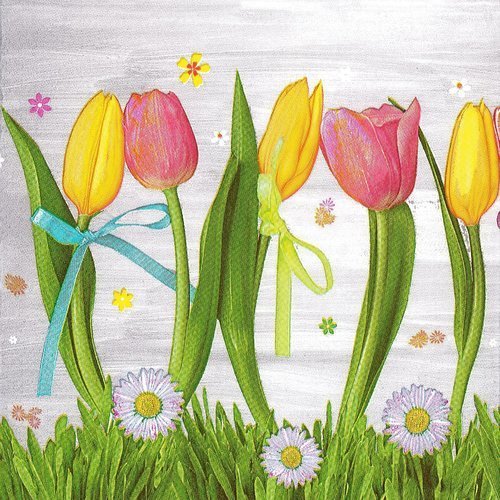 Serviette peinture tulipes et petits noeuds couleurs dans les pâquerettes