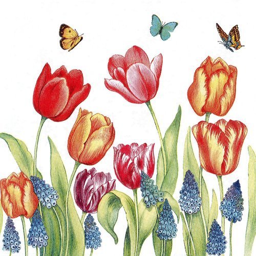 Serviette tulipe muscari et petits papillons