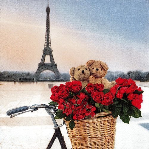 Serviette les ours voyagent à paris tour eiffel vélo panier de roses rouge
