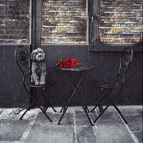 Serviette rendez-vous amoureux terrasse de café bouquet de rose rouge chien caniche