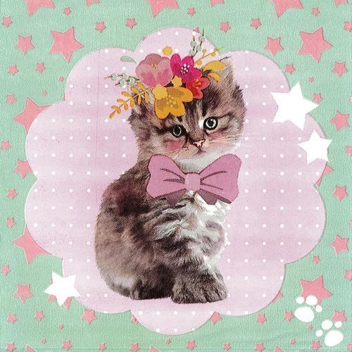 Serviette petit chat au noeud rose coiffé de fleurs