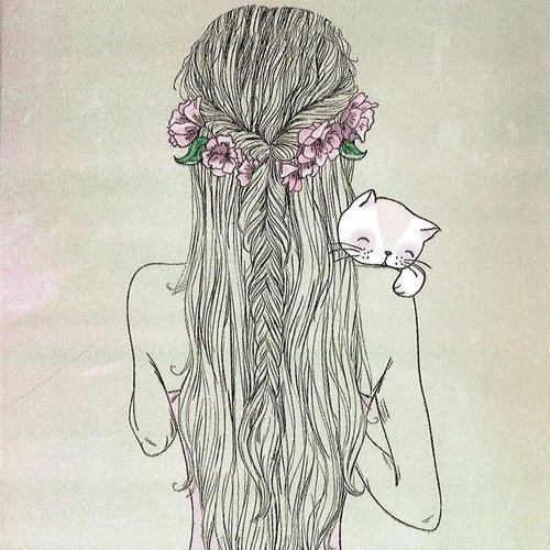 Serviette jeune fille romantique coiffée de fleurs roses et son petit chat
