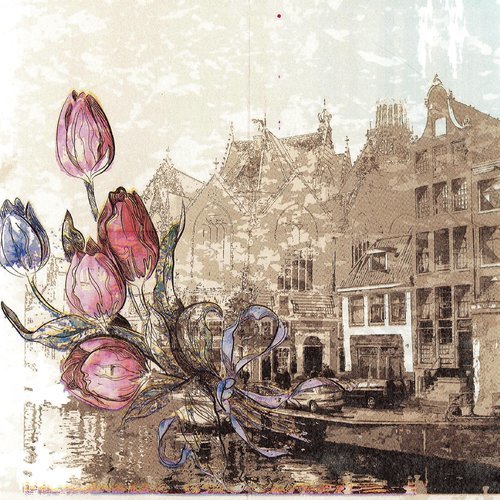Serviette rue sur le port maison et bassin bouquet de tulipes