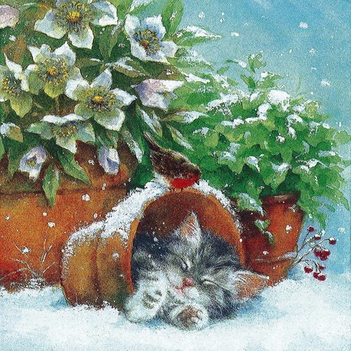 Serviette le petit chat dormant les pots de rose de noël sous la neige