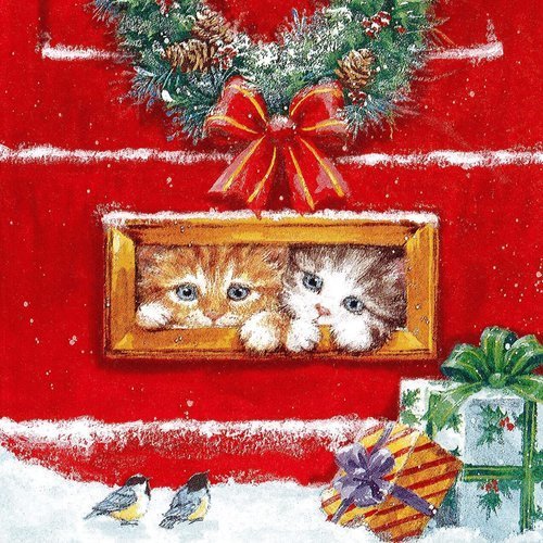 Serviette les petits chats curieux dans la boite aux lettres cadeaux de noël