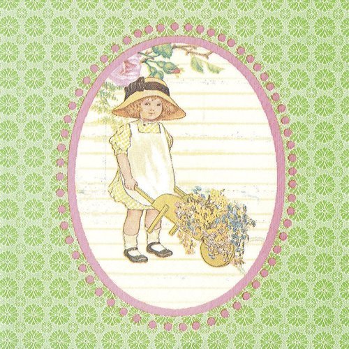 Serviette papier petite fille jardinière joli rosier et brouette de fleur fond vert